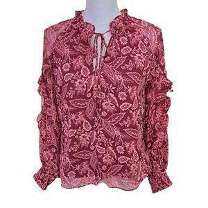 CeCe Floral Blouse Front Tie Sheer Ruffled Long Sleeves Burgundy & Pink Size XS